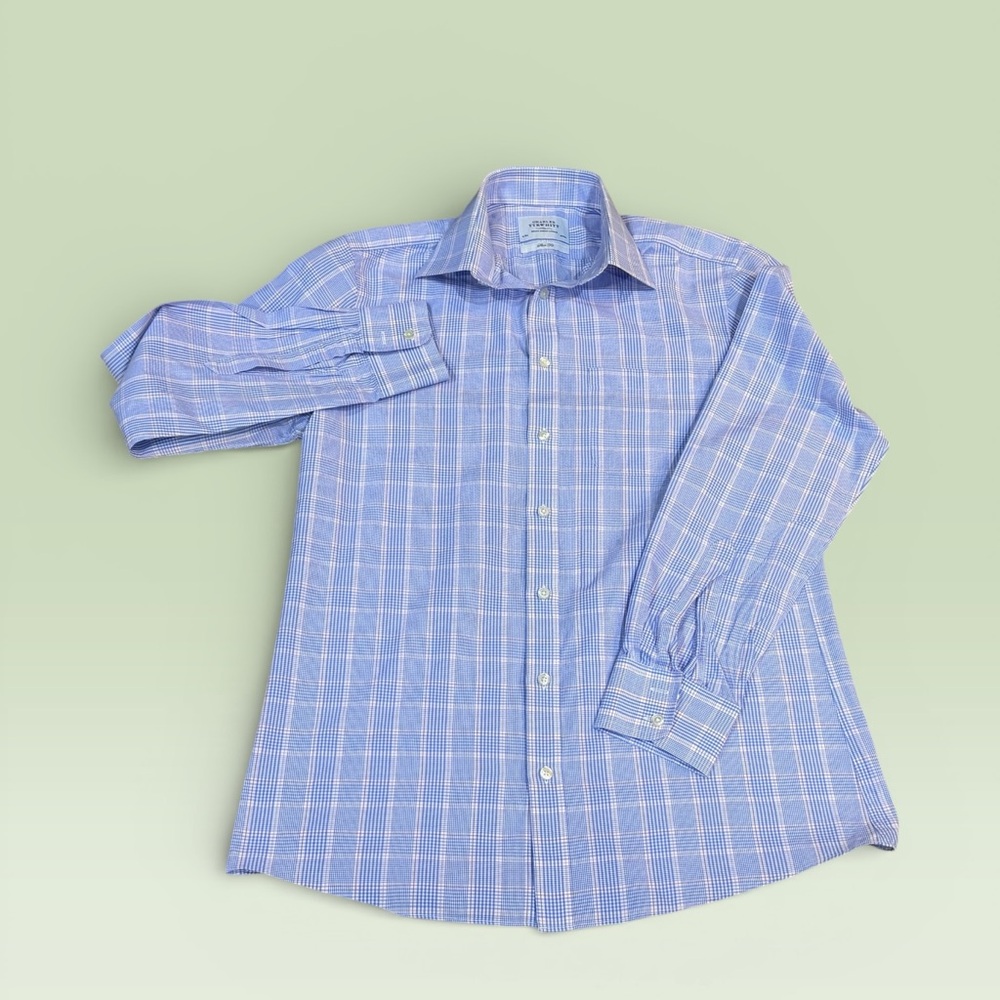 CHARLES TYRWHITT Non Iron Slim Fit Blue Plaid Dress Shirt Sz 16/36 - Picture 2 of 3